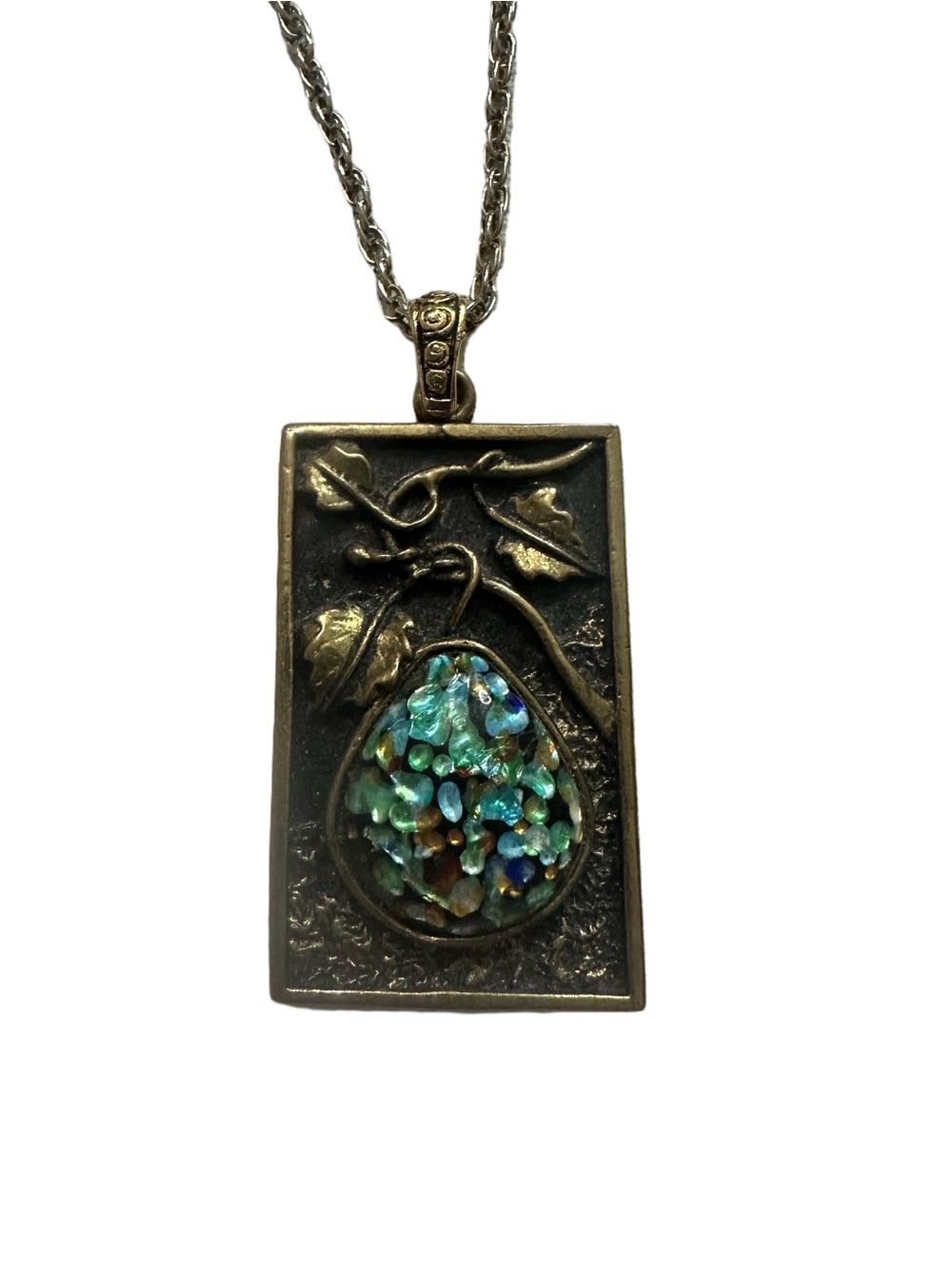 Bronze Teardrop Pear Pendant Necklace with Blue-Green Abalone or Glass Inlay